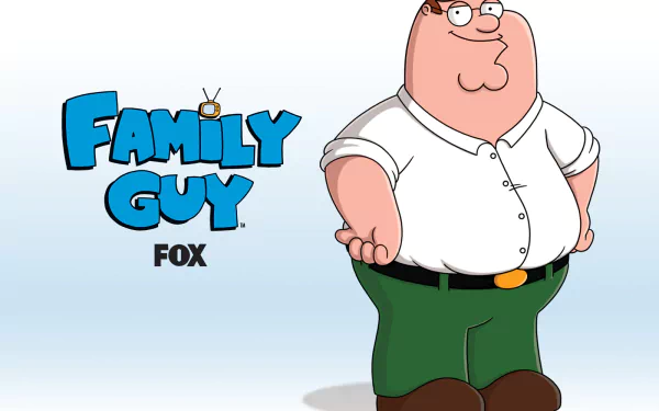 HD PC desktop wallpaper of TV show Family Guy: Peter Griffin standing to the right of the Family Guy logo on a pale blue background.