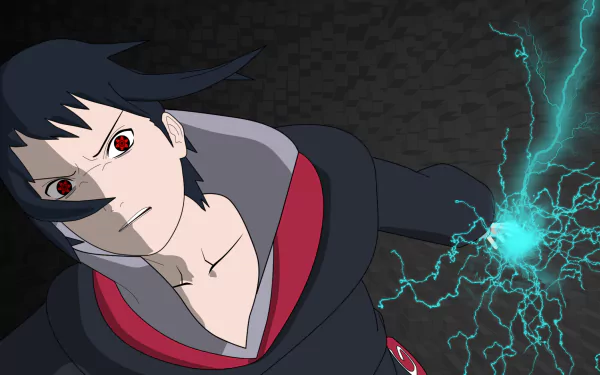 HD wallpaper featuring Sasuke Uchiha from Naruto, activating his Chidori technique with his Sharingan eyes, wearing Akatsuki cloak, and a determined expression with traces of blood on his face.
