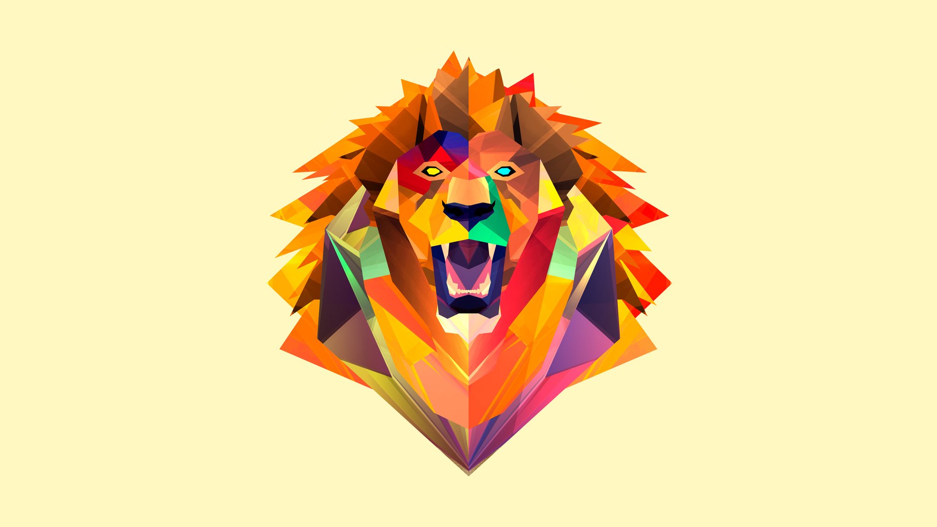 Abstract geometric lion head composed of colorful facets, designed as a vibrant HD PC desktop wallpaper and background.