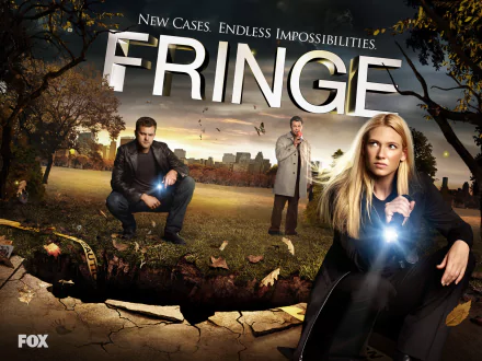 HD PC desktop wallpaper featuring main characters from the TV show Fringe, set against a mysterious outdoor background with a cracked ground and glowing light effects.