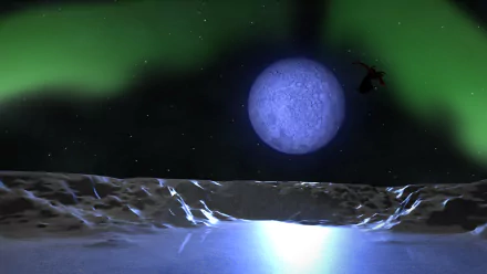HD fantasy desktop wallpaper featuring a red dragon flying over icy snow under a glowing blue moon and stars with green aurora in the night sky.