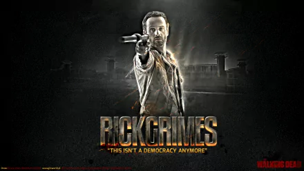 Rick Grimes from The Walking Dead stands prominently, pointing his gun with determination. The striking HD background features the iconic quote, This isn't a democracy anymore.