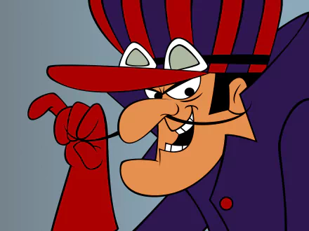 HD desktop wallpaper featuring Dick Dastardly from the TV show Wacky Races with his signature mischievous grin and red gloves against a simple background.