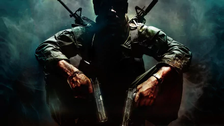 A dramatic HD desktop wallpaper featuring a silhouetted soldier from Call Of Duty: Black Ops, poised with firearms against a smoky background.