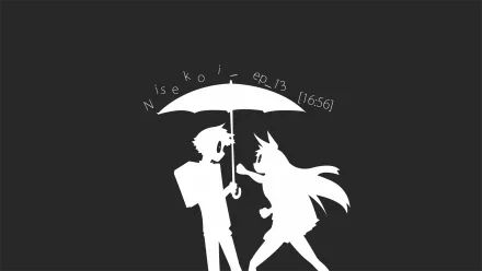 A stylish HD wallpaper featuring Raku Ichijō and Chitoge Kirisaki from the anime Nisekoi, capturing a playful moment under an umbrella against a minimalist background.