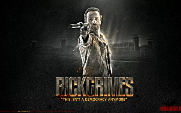Rick Grimes from The Walking Dead stands prominently, pointing his gun with determination. The striking HD background features the iconic quote, This isn't a democracy anymore.