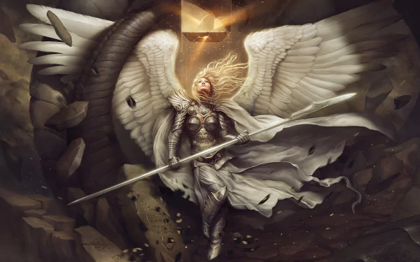An angel warrior stands triumphantly amidst a dramatic, ethereal background, wielding a spear, embodying strength and fantasy in this striking HD desktop wallpaper.