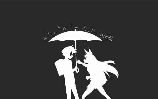 A stylish HD wallpaper featuring Raku Ichijō and Chitoge Kirisaki from the anime Nisekoi, capturing a playful moment under an umbrella against a minimalist background.