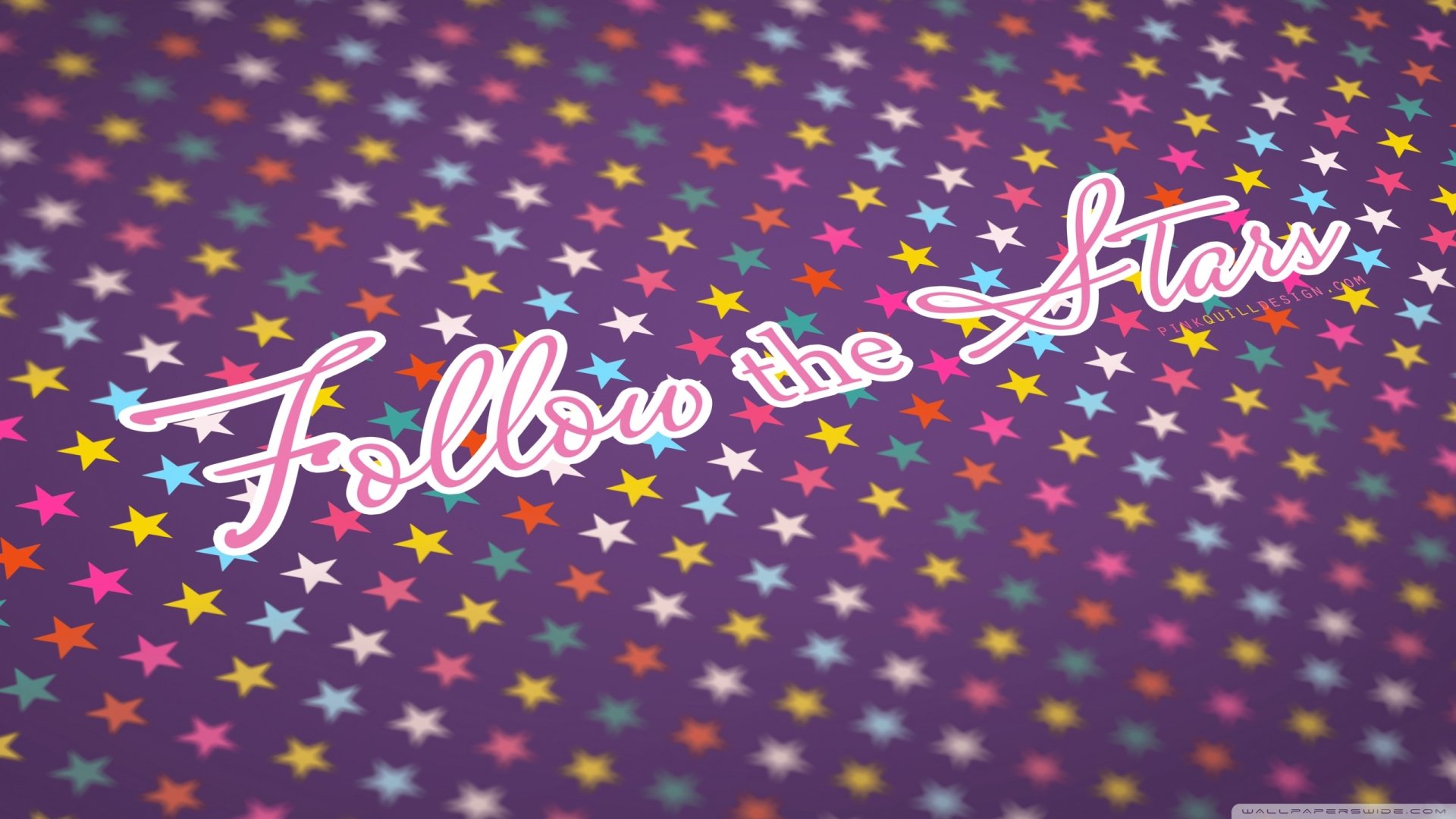 HD PC desktop wallpaper featuring colorful stars scattered on a purple background with the motivational phrase Follow the Stars in cursive lettering.