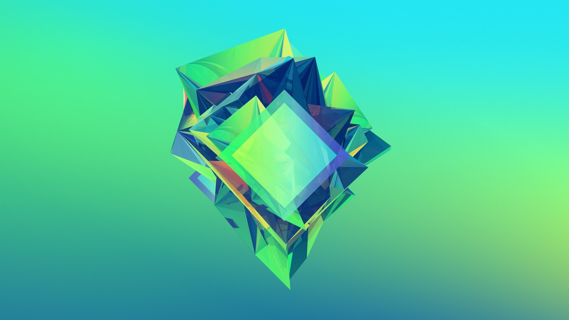 Abstract geometric facets form a vibrant, multi-dimensional shape against a smooth turquoise gradient, designed as an HD PC desktop wallpaper and background.