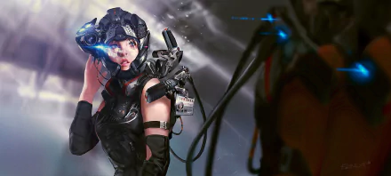 A futuristic sci-fi woman in advanced armor and helmet, set against a dramatic, stormy background, designed as a high-definition PC desktop wallpaper.