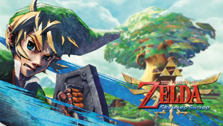 HD PC desktop wallpaper of The Legend of Zelda: Skyward Sword showing Link in action with sword and shield, the game's logo, and a lush floating tree island background.