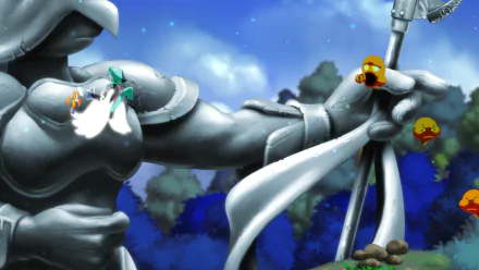HD desktop wallpaper featuring characters from Dust: An Elysian Tail in a dynamic pose with a forest backdrop.
