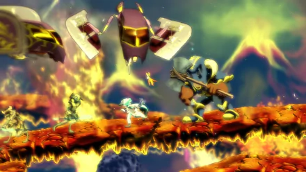 HD wallpaper featuring characters from Dust: An Elysian Tail in an action-packed scene with fiery and vibrant backgrounds.