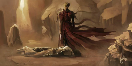 A dramatic scene from Trigun featuring a figure in a red cloak standing over a fallen character, set in a desolate landscape. This 4K Ultra HD wallpaper captures intense emotion and atmosphere.
