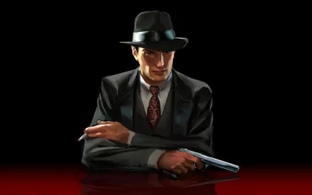HD desktop wallpaper featuring a character from the video game Mafia II. The character, dressed in a suit and hat, holds a gun and cigarette against a dark background.