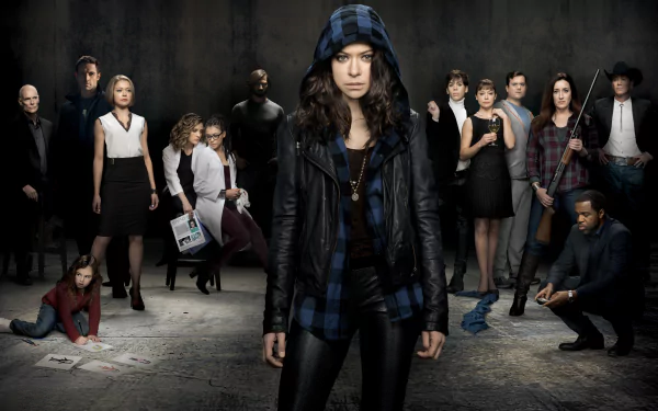 4K Ultra HD PC desktop wallpaper featuring the cast of the TV show Orphan Black, showcasing multiple characters in a dark, dramatic setting.