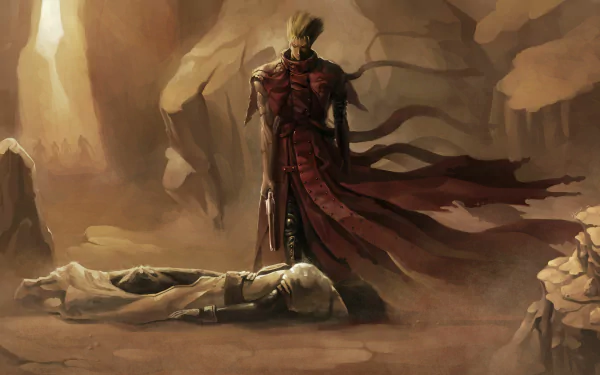 A dramatic scene from Trigun featuring a figure in a red cloak standing over a fallen character, set in a desolate landscape. This 4K Ultra HD wallpaper captures intense emotion and atmosphere.