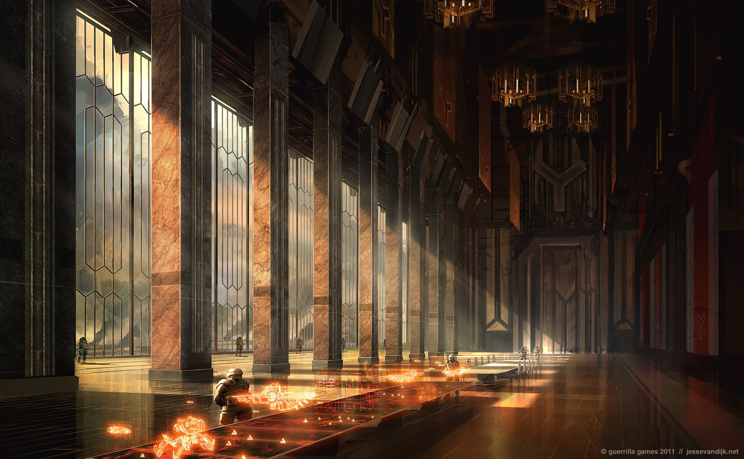 HD PC desktop wallpaper from the video game Killzone 3: sunlit cathedral hall with towering columns, chandeliers and a trail of glowing embers across a polished floor.