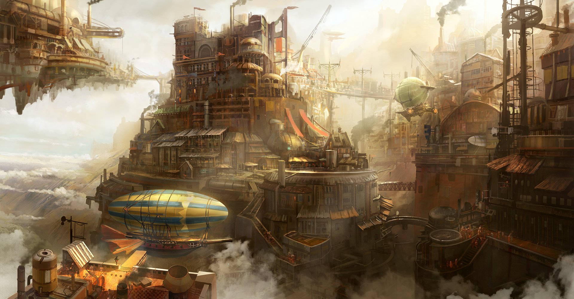 HD PC desktop wallpaper showcasing a sprawling steampunk cityscape with airships and intricate mechanical structures under a hazy sci-fi sky.