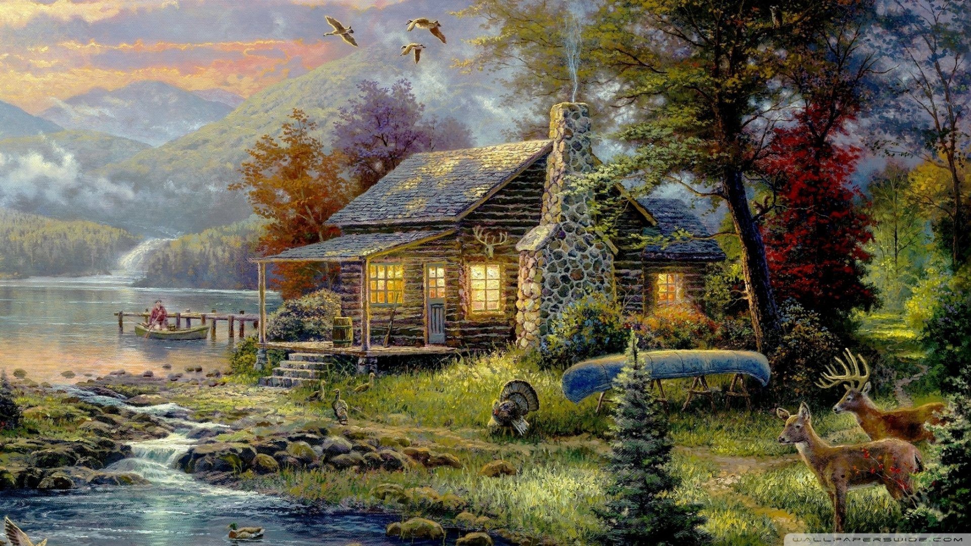 A fantasy house nestled by a serene lakeside at sunset, surrounded by autumn trees, wildlife, and a fishing boat, rendered in HD for a PC desktop wallpaper.