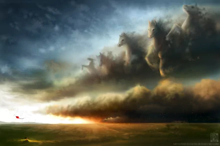 A captivating fantasy scene featuring ethereal horses formed from clouds, set against a dramatic sky at sunset. This stunning HD desktop wallpaper evokes a sense of wonder and adventure.