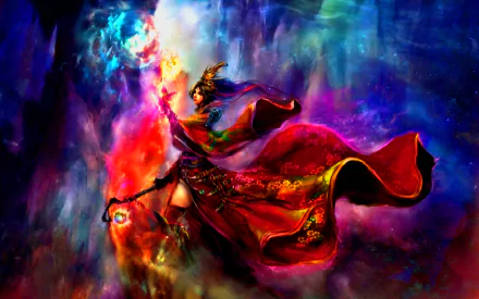 HD PC desktop wallpaper featuring the Wizard from Diablo III, showcasing a dynamic, fiery magic pose against a vibrant, cosmic background.