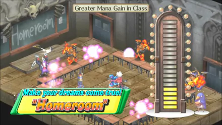 HD wallpaper from Disgaea 3: Absence of Justice featuring a colorful in-game battle scene in a homeroom setting.