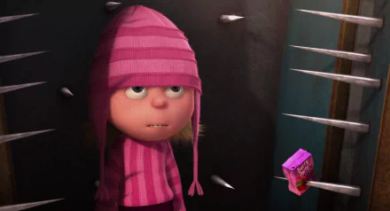 HD PC desktop wallpaper featuring Edith from the movie Despicable Me, standing with her pink striped hat and sweater against a dark background with metal spikes.
