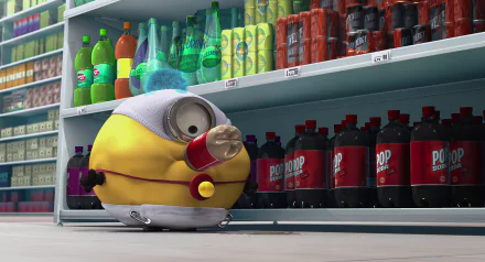 A cheerful Minion from Despicable Me explores a colorful grocery aisle filled with various soda bottles, showcasing the playful spirit of the movie in this HD desktop wallpaper.