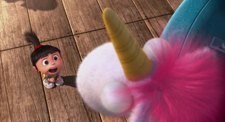 HD PC desktop wallpaper featuring Agnes from the movie Despicable Me, looking excitedly at a large fluffy unicorn.