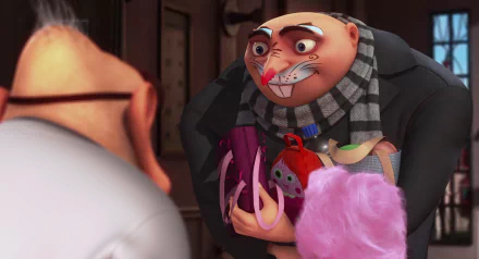 HD desktop wallpaper featuring Dr. Nefario and Gru from the movie Despicable Me, showcasing a close-up interaction scene from the animated film.