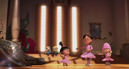 Margo, Agnes, and Edith from Despicable Me dance in pink tutus in a whimsical setting, with Minions watching in the background. A vibrant HD wallpaper capturing their playful spirit.