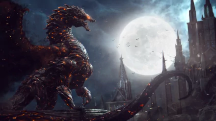 A dramatic scene from Castlevania: Lords of Shadow 2, featuring a fierce dragon against a full moon, set in a dark, gothic landscape. This 4K Ultra HD wallpaper captivates with its rich detail.