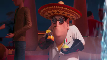 HD PC desktop wallpaper featuring Dr. Nefario from the movie Despicable Me 2, wearing a sombrero and holding festive drinks in a vibrant scene.