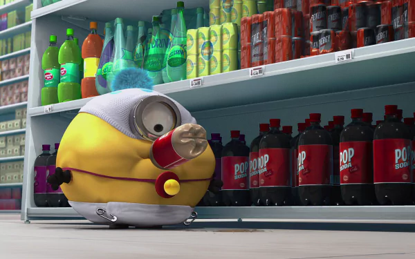 A cheerful Minion from Despicable Me explores a colorful grocery aisle filled with various soda bottles, showcasing the playful spirit of the movie in this HD desktop wallpaper.