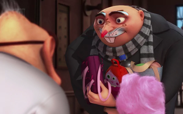 HD desktop wallpaper featuring Dr. Nefario and Gru from the movie Despicable Me, showcasing a close-up interaction scene from the animated film.