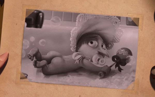 Black-and-white HD PC desktop wallpaper of Baby Gru from the movie Despicable Me, wearing a bonnet and holding a rattle.