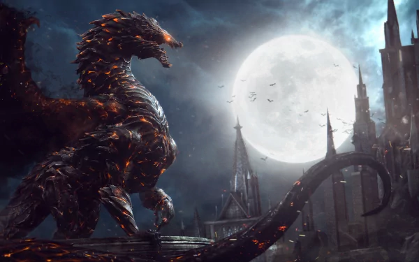 A dramatic scene from Castlevania: Lords of Shadow 2, featuring a fierce dragon against a full moon, set in a dark, gothic landscape. This 4K Ultra HD wallpaper captivates with its rich detail.