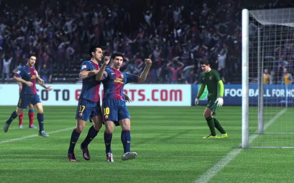 HD PC desktop wallpaper featuring a lively scene from FIFA 14, showcasing players celebrating a goal in a packed stadium, with a goalkeeper and cheering fans in the background.