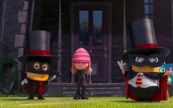 HD PC desktop wallpaper featuring Edith from Despicable Me 2, flanked by two Minions dressed in magician costumes in front of a stone building.
