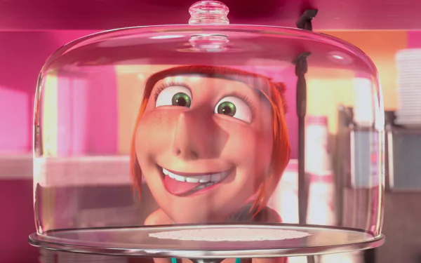 HD PC desktop wallpaper featuring Lucy from the movie Despicable Me 2, shown smiling inside a transparent cake dome with a vibrant pink background.