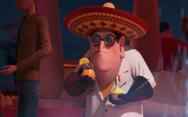 HD PC desktop wallpaper featuring Dr. Nefario from the movie Despicable Me 2, wearing a sombrero and holding festive drinks in a vibrant scene.