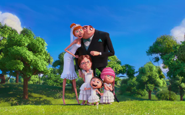 HD PC desktop wallpaper featuring Gru, Lucy, and the girls Margo, Edith, and Agnes from the movie Despicable Me 2, standing together outdoors on a sunny day.