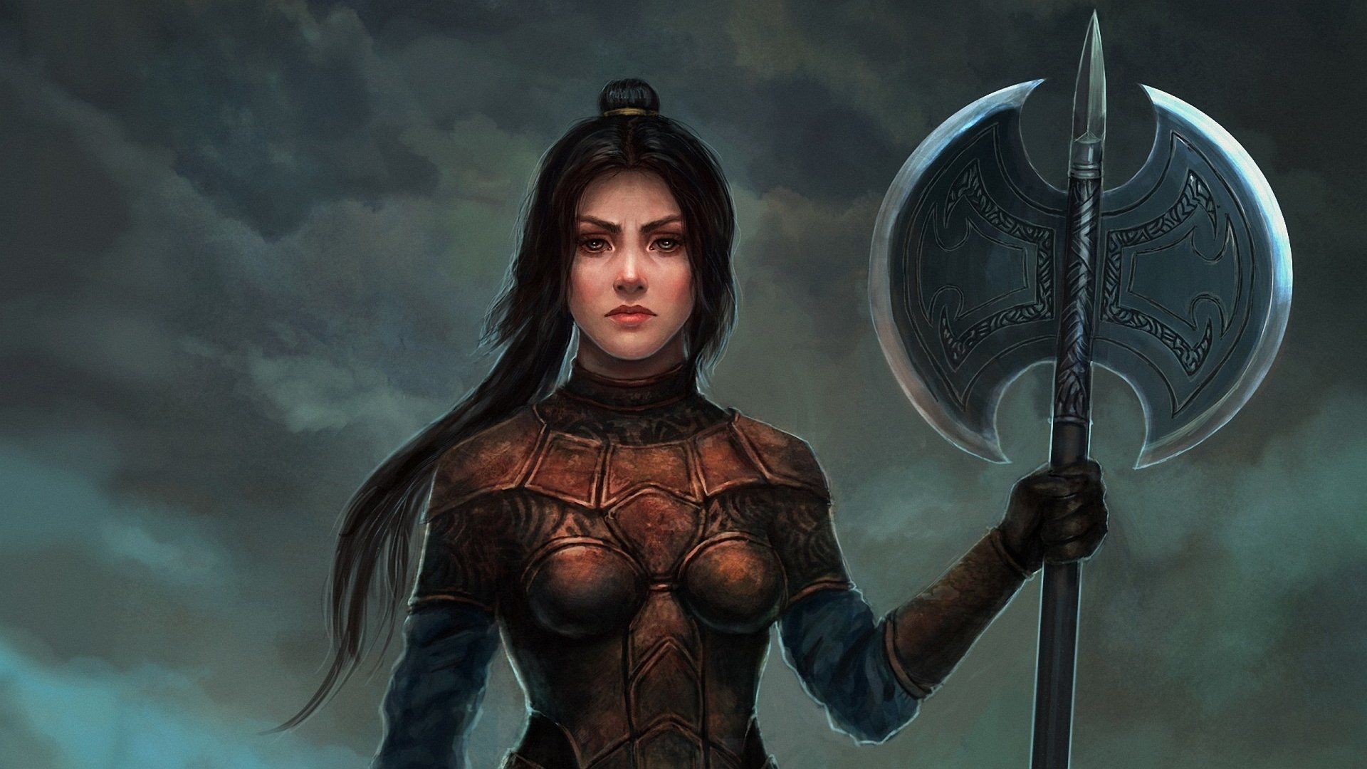 A fierce woman warrior with black hair stands confidently in armor, wielding a large axe against a dramatic sky, embodying the spirit of fantasy and bravery.