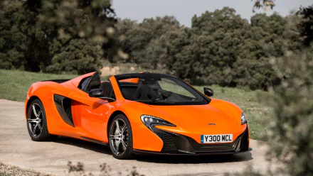 HD desktop wallpaper of an orange McLaren 650S Spider supercar with roof down, parked on a country road.