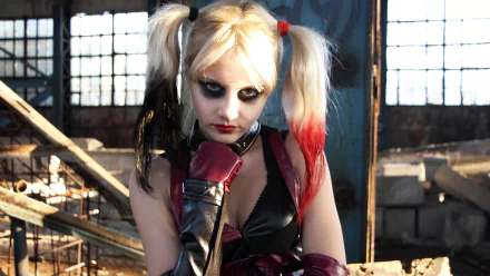 4K Ultra HD PC desktop wallpaper of a woman in cosplay: blonde pigtails dipped red and black, heavy eye makeup and leather gloves, posing in a sunlit industrial interior.