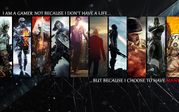 HD PC desktop wallpaper collage featuring diverse video game characters with the quote: I am a gamer not because I don't have a life... but because I choose to have many.