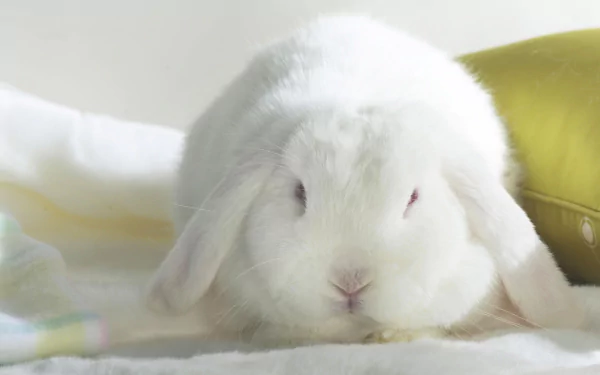 A fluffy white rabbit rests calmly on a soft surface beside a green pillow, creating a serene and inviting HD desktop wallpaper and background.