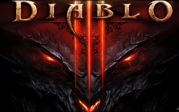 Diablo III video game HD PC desktop wallpaper/background: menacing horned demonic face with glowing red eyes and three fiery vertical slashes forming the Diablo logo.